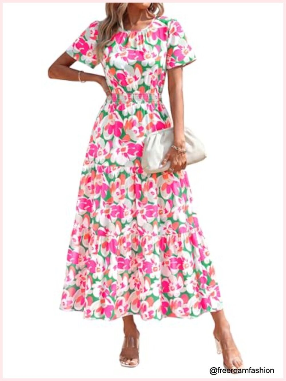 Women's Smocked Boho Floral A-Line Maxi Dress Flutter Sleeve Tiered Long - Picture 1 of 6